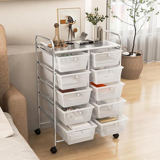 LDAILY 10 Drawer Rolling Cart, Storage Cart Organizer on Wheels, Drawer Cart with Metal Frame & Large Storage Capacity, Rolling Cart with Drawers for Living Room Classroom, Office