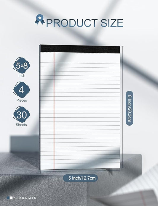 Note Pads 5x8 for Work White Legal Pads 5x8 College Ruled Legal Notepads Lined Note Pads for Office Writing Pads 80 GSM Pads of Paper Notepad 4 Pack Legal Notepads Narrow Ruled with 30 Sheets Per Pad
