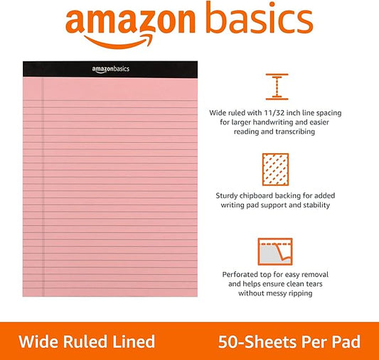 Amazon Basics Wide Ruled 8.5 x 11.75-Inch 50 Sheet Perforated Lined Writing Note Pads, Pack of 6, 300 Count, Multicolor