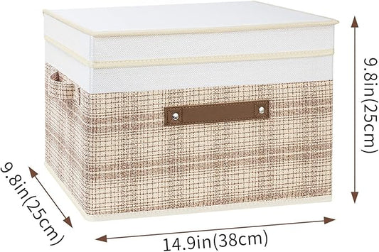 TYEERS Collapsible Storage Bins with Lids, Patchwork Design, Washable, Fabric Storage Boxes, 14.9x9.8x9.8 inches, 3 Pack, Camel Tan