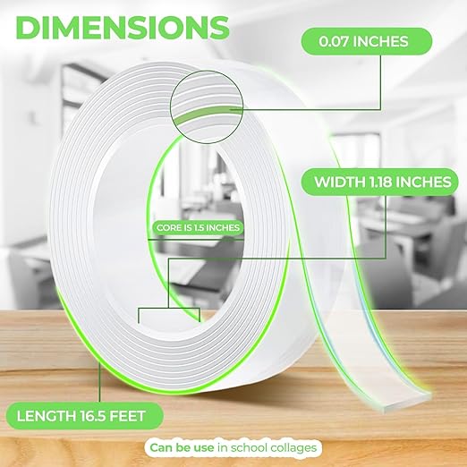 Nano Double-Sided Clear Adhesive (16.5f) Tape mounting Tape for Picture Hanging Water Proof Suitable for Rugs Washable Removeable tracelss multiuse Office and Out Door use Cinta adhesiva Doble cara