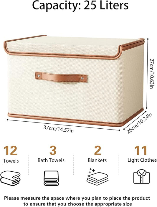 Tuza 4 Pack Storage Bins with Lids, Collapsible Closet Organizer Container, Fabric Organizer Box with Handles, Decorative Storage Boxes with Lids for Organizing Clothes, Books, File, White, Medium