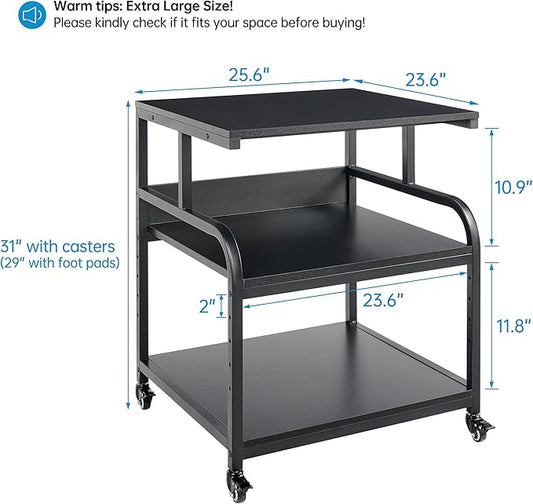Fannova 25.6" x 23.6" Extra Large Printer Stand Table with Adjustable Storage Shelf, 3 Tier Rolling Printer Cart with Industrial Wheels for Home Office, Black