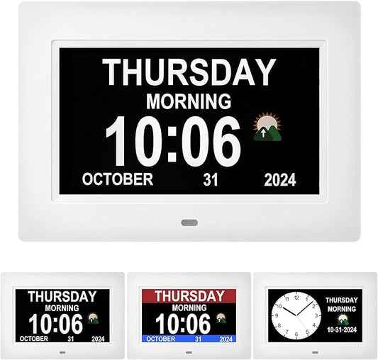 Memwake Digital Alarm Clock, Multiple Alarm Functions, Clock with Date and Day, Digital Alarm and Electronic Calendar for Seniors (White, 7 inch) (7-inch White)