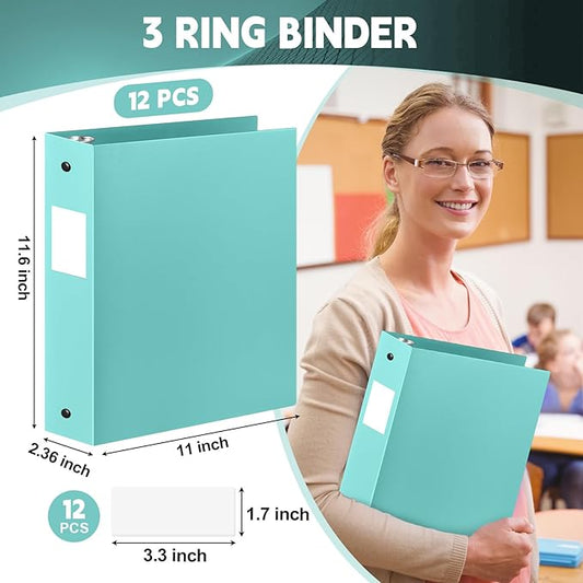Henoyso 12 Pcs 3 Ring Binder 2 Inch Round Fits Letter Size 8.5'' x 11'' Paper Plastic Flexible Binder Bulk Holds 490 Sheets with 1 Pockets Versatile Organizer for Home Office School (Mint Green)