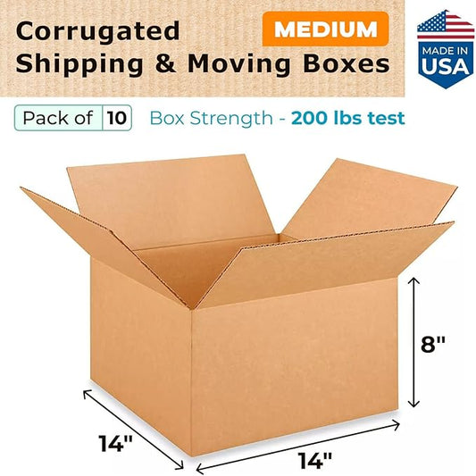 IDL Packaging Medium Corrugated Shipping Boxes 14"L x 14"W x 8"H (Pack of 10) – Prime Choice of Strong Packing Boxes for USPS, UPS, FedEx Shipping – Easy-to-Recycle Cardboard Boxes for Packaging