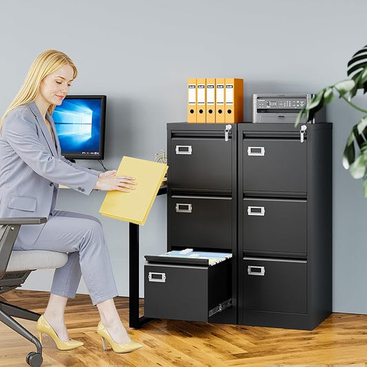AFAIF 3 Drawer File Cabinet with Lock, Metal Filing Cabinets for Home Office, Vertical Black Locking File Caninet, Steel Narrow Three Drawer File Cabnet for Letter/Legal / A4 / B4- Assembly Required