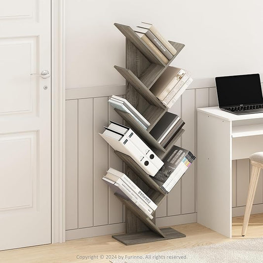 Furinno Tree Book Shelf, 9-Tier Bookshelf, Tree Bookcase for Room Decor, 8.4 x 15.7 x 50.9, for Living Room, Bedroom, Home Office, Grey Oak