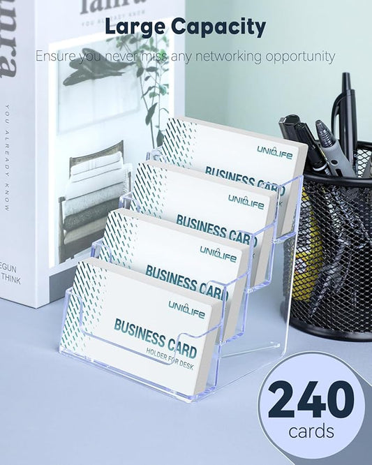 Uniclife 2 Pack Acrylic Business Card Holder for Desk 4 Slots Clear Business Card Display Stand for Men & Women Desktop Business Card Organizer Card Stand for Office Home Exhibition, 240 Card Capacity
