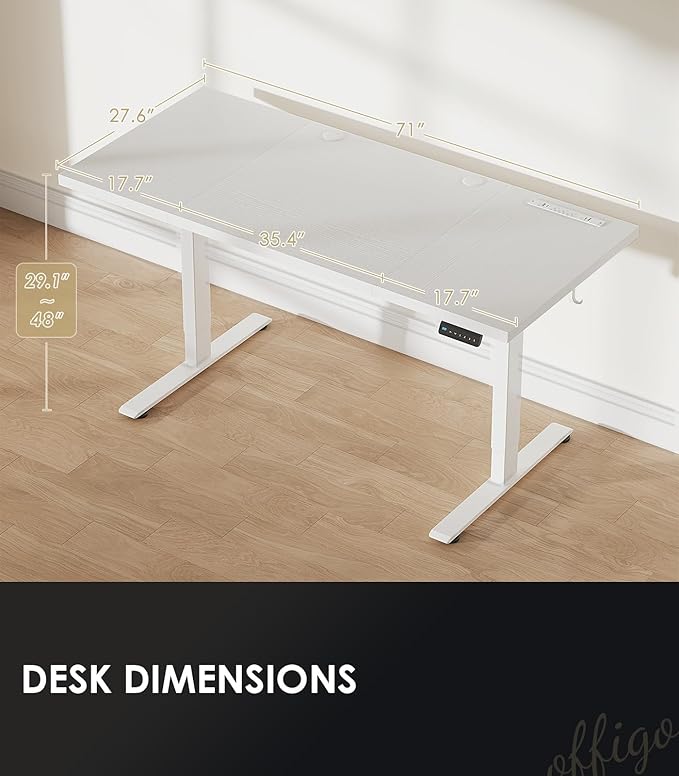 OffiGo 71 Inch Executive Electric Standing Desk, Height Adjustable Desk with Power Outlet & 1.38" Thick 3-Piece Desktop, Sit Stand Computer Desk for Home, Office, Conference Room, White