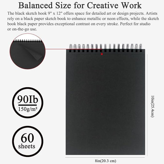Fuxi Black Paper Sketchbook 9x12, 60 Sheets(90lb/150gsm) Hardcover Spiral Bound | Black Paper Notebook for Gel Pen, Colored Pencil, Artist Supplies for Adults, Teens & Students.