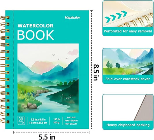 Watercolor Paper Pad, 5.5"x8.5" Water Color Paper, 140lb/300gsm Artist Painting Drawing Paper Book, Art Supplies for Adults Kids, Watercolors, Watercolor Paint Set, Sketchbook, Journal, Green