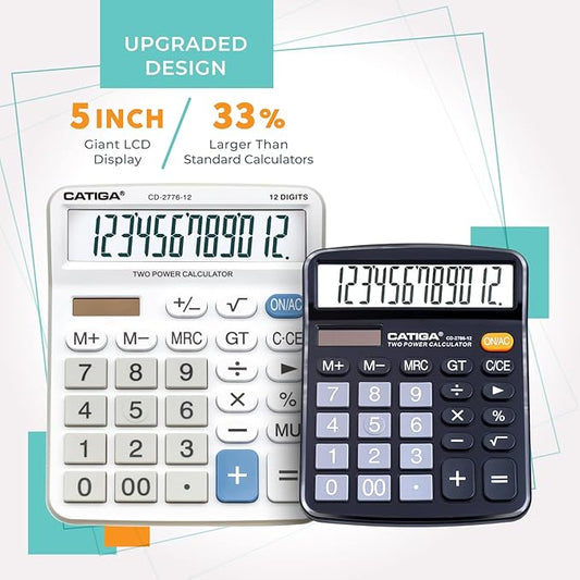 Premium Commercial 12-Digit Large Desktop Calculator with Huge 5-Inch LCD Display Screen, Giant Responsive Buttons, Battery and Solar Powered, Perfect for Home/Office Accounting Finance Use, CD-2776