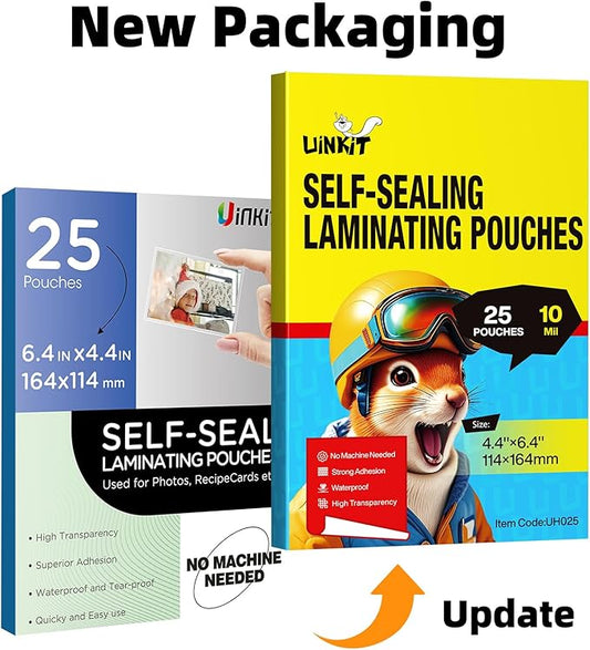 Uinkit 25Pack 4"x6" Self Seal Laminating Pouches, 10Mil Double-Sided for Recipe Cards & Photos, Waterproof Thick Plastic Sleeves to Preserve Pictures, Index Flashcards, Menus
