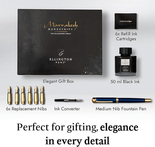 Ellington Pens Luxury Calligraphy Set - Premium Fountain Pen with 6 Nibs, 50 ml Black Ink Bottle, 6 Cartridges, Converter, Elegant Gift Box – Perfect for Drawing, Writing, Gifting (Nautilus)