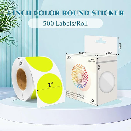 2 Inch Round Color Coding Labels (500 Count) - Fluorescent Yellow Dot Stickers Circle Labels with Dispenser Box for Warehouse, Filing, Industrial, Office Organization