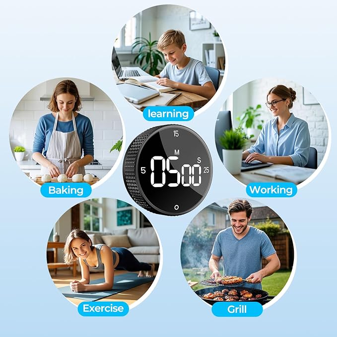 Allbean Magnetic Kitchen Timer for Cooking with Loud Alarm - Large LED Display Rotating Countdown Pomodoro Timer, Preset 5/15/25 Mins Easy for Seniors and Kids,for Baking Grilling Studying
