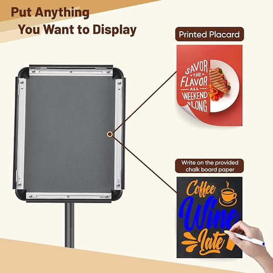 Newzueby Pedestal Floor Stand Sign Holder for 11*17 inches Poster or chalk board, Snap open frame,360° Rotation,Outdoor Indoor Standing Display Sign Holders for commerical, directional use, Black
