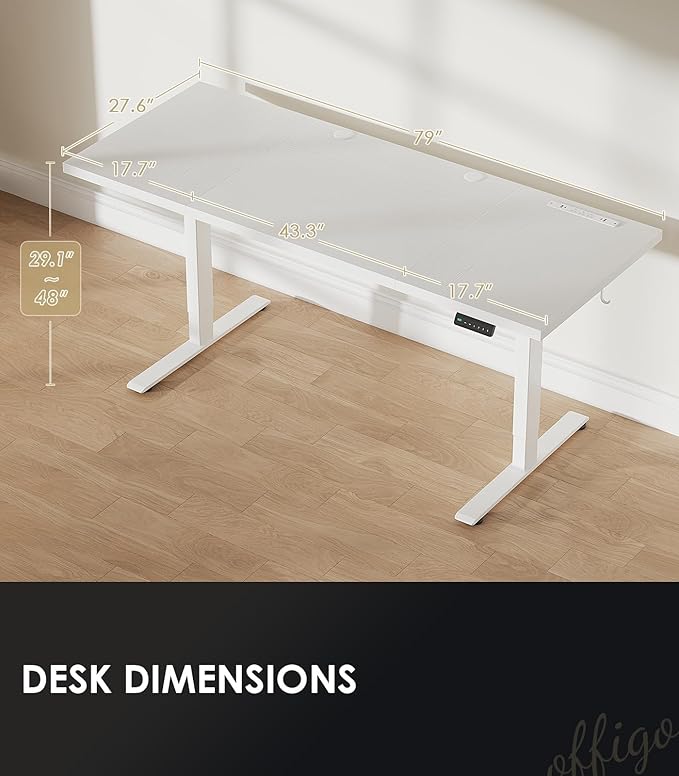 OffiGo 79 Inch Executive Electric Standing Desk, Height Adjustable Desk with Power Outlet & 1.38" Thick 3-Piece Desktop, Sit Stand Computer Desk for Home, Office, Conference Room, White