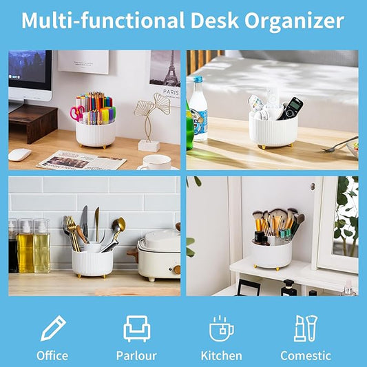 Marbrasse Desk Organizer, 360-Degree Rotating Pen Holder, Desk Organizers and Accessories with 5 Compartments Pencil Holder, Art Supply Storage Box Caddy for Office, Home(White)