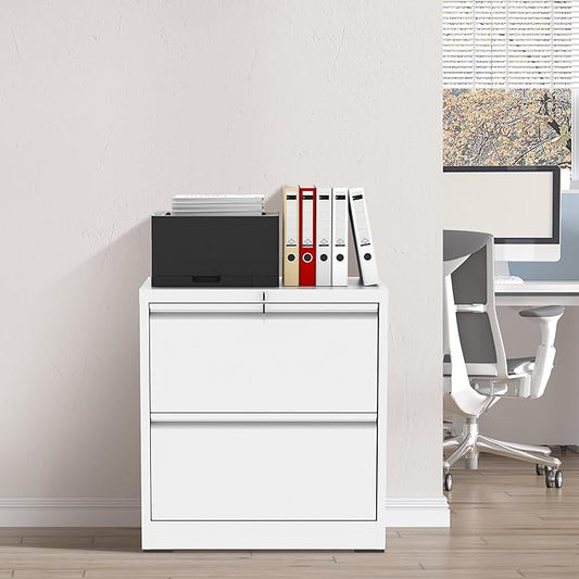 FLIXELIO 2 Drawer File Cabinet with Lock, White Metal Lateral Filing Cabinets for Home Office, Heavy Duty Steel Horizontal Locking Storage Cabinet for Legal/Letter/A4 Size File, Assembly Required