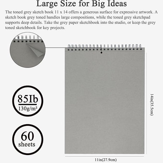 Fuxi Toned Gray Sketchbook 11x14, Large Drawing Pad, 60 Sheets (85lb/130gsm) Spiral Bound, Harcover Artist Sketchbook for Pencil, Charcoal for Artists & Students.