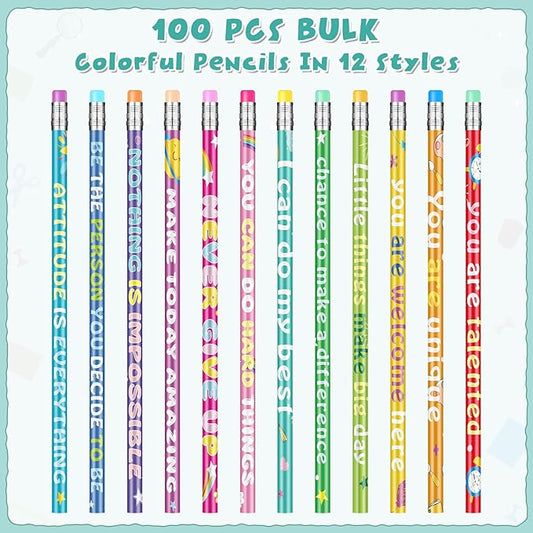 100 Pcs Motivational Pencils Bulk, Rainbow Inspirational School Pencils for Classroom, Cute Pencil with Encourage Positive Sayings, Back to School Supplies for Kids Student Teacher Classroom Reward