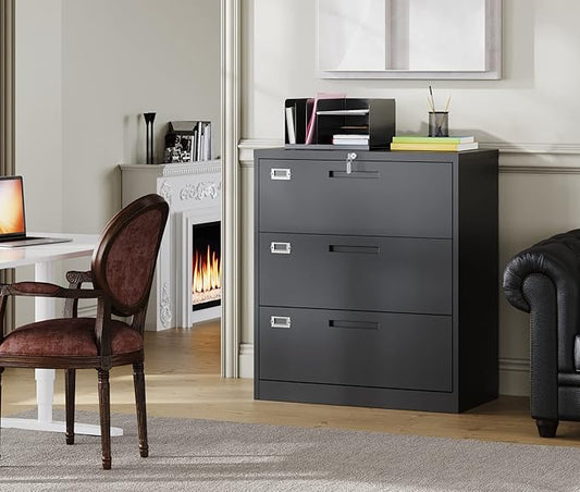 MIIIKO Lateral File Cabinet with Lock, 3 Drawer Lateral Filing Cabinet, Large Deep Drawers Locked by Keys, Metal Storage File Cabinet for Hanging Files Letter/Legal/F4/A4 Size