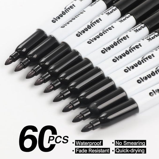 cloudriver Black Permanent Markers Fine Tip, 60 Packs Permanent Markers Bulk, Quick Drying & Fade Resistant, Permanent Marker Set Works on Plastic,Wood,Stone,Metal and Glass for Doodling, Marking