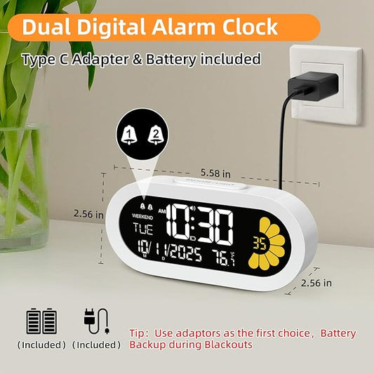 DOOMAY Digital Alarm Clock for Bedroom: Dual Alarm Bedside Clock VA LCD Display with Seconds, 9-Minute Snooze and Weekend Mode, 3 Brightness, 4 Alarms and 3 Volume Levels,Type C & Battery Included