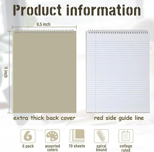 Maitys 6 Pcs Legal Pad Steno Spiral Notebook 8.5" x 11" Top Bound Spiral Pads Hard Cover College Ruled Notepad 70 Sheet Pad for School Office University Home(Stylish Color,Classic Style)