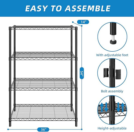 Guan River 4-Shelf Adjustable Metal Shelf Wire Shelving Unit Storage Rack Display Shelf for Office,Kitchen,Bedroom,Bathroom,Laundry,Pantry Basement,Garage(Black,36" L x 14" W x 54" H)