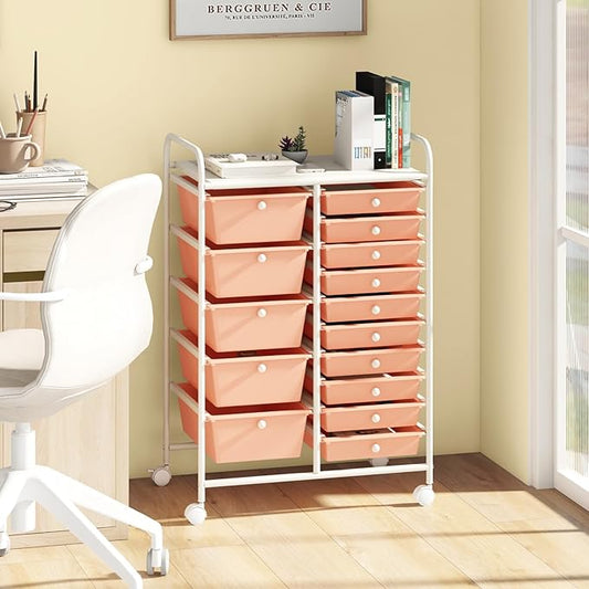 DORTALA 15-Drawer Rolling Storage Cart with Drawers, Rolling Utility Cart w/Removable Drawers & Universal Wheels, Tools Scrapbook Paper Organizer for School, Office, Home, Classroom (Light Pink)