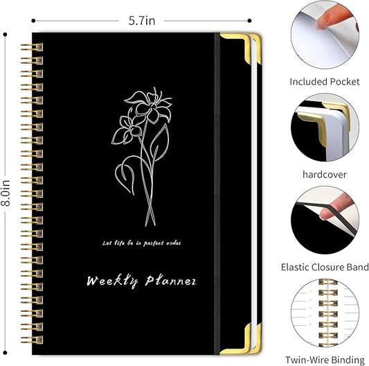 Undated Weekly Planner with Metal Corner Hardcover Notebook , A5 Size Journal with To Do List Planner, Habit Tracker,Weekly Goals for ADHD,Student, Office, Women, Men ,Gifts,6 x 8 inches,Spiral Bindding ,Black