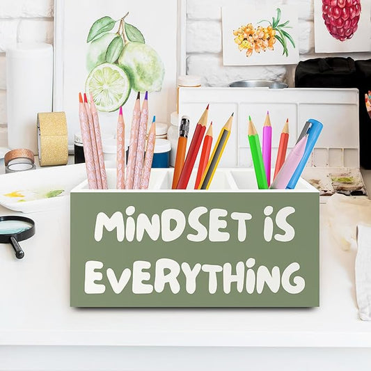 XPH Green Inspirational Pen Pencil Holder Organizer for Desk, Inspirational Gifts for Women, Mindset Is Everything Motivational Wooden Box Sign for Home Office Desk Tabletop Decorations