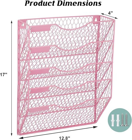 EASEPRES Mail Organizer Wall Mount Hanging File Holder Storage, Metal Chicken Wire Magazine Rack 5 Tier, Pink