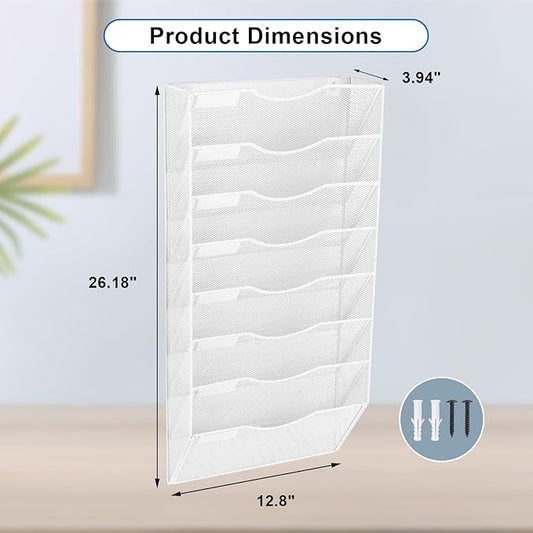 EASEPRES 8 Pocket Mesh Hanging Wall File Organizer, Wall Mounted Mail Paper Document Folder Holder, Clipboard Storage Organization Magazine Rack with Nametag Label for Office Home School, White