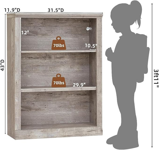 RWYHG 43" Grey Tall Bookshelf Set of 2,3-Tier Thick Wooden Book Shelf with Adjustable Shelves,Free Standing Farmhouse Bookcase with Open Display Storage,Floor Vintage Bookshelves for Living Room