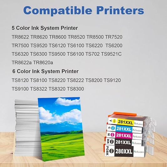 Pertmceo TR8622a PGI-280XXL CLI-281XXL 280 281 Ink Cartridges Replacement for Canon 280 281 Ink Compatible with PIXMA TR8622a TR8620a TR8622 TR8620 TR8600 TS9500 TS6300 Printer (5 Pack)