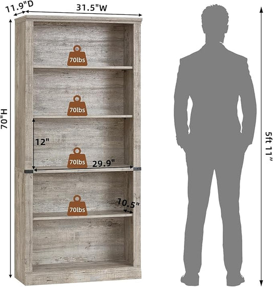 RWYHG 70" Grey Tall Bookshelf,5-Tier Thick Wooden Book Shelf with Adjustable Shelves,Free Standing Farmhouse Bookcase with Open Display Storage,Floor Vintage Bookshelves for Living Room,Office