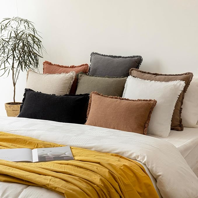 Foindtower Set of 2 Decorative Linen Fringe Throw Pillow Covers... (Brown, 20×..