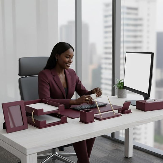 RitPin Desk Set,11-Piece Leather Desk Organizer Set, Executive Office Accessories with Desk Pad & Blotter, 2-Tier Tray, Pen Holder & More, Professional Office Desk Decor & Gift Set (Burgundy)