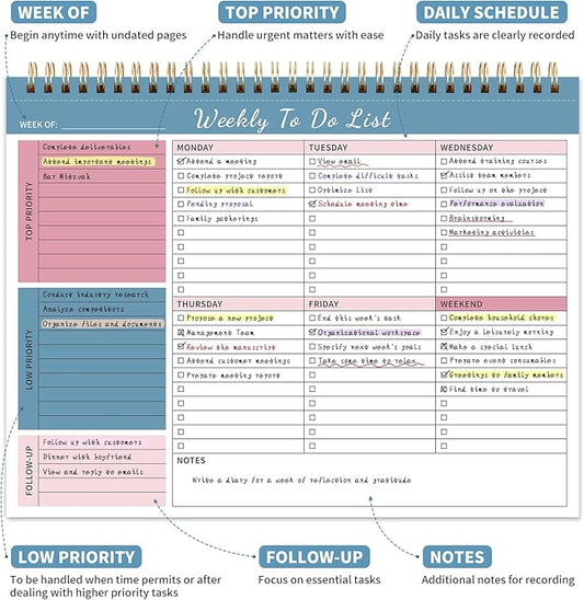 104 Pgs Weekly To Do List Notepad, 52 Duplex-Printed Undated Sheets 100 GSM(8.5"×11") Weekly Desk Planner For Work Home School Office Desk Accessories Supplies & Goal Setting Tasks - Blue