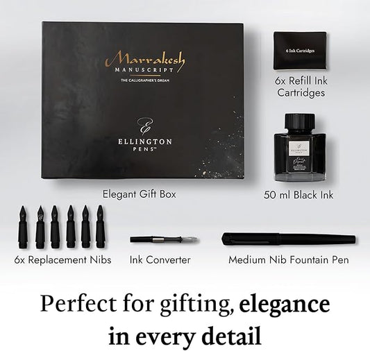 Ellington Pens Luxury Calligraphy Set - Premium Fountain Pen with 6 Nibs, 50 ml Black Ink Bottle, 6 Cartridges, Converter, Elegant Gift Box – Perfect for Drawing, Writing, Gifting (The Stealth)