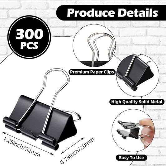 Yexiya 300 Pcs Medium Binder Clips Sturdy 1.25 Inch Black Paper Med Clips Office Supplies Paper Clamps for Office Teachers Students School Business Supplies
