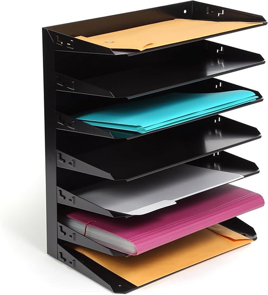 Huron Desktop Horizontal 7-Slot Legal File Binder Organizer Storage Letter Tray, Black Commercial Grade Steel