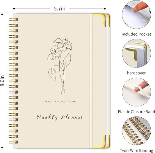 Undated Weekly Planner with Metal Corner Hardcover Notebook , A5 Size Journal with To Do List Planner, Habit Tracker,Weekly Goals for ADHD,Student, Office, Women, Men ,Gifts,6 x 8 inches,Spiral Bindding ,Beige