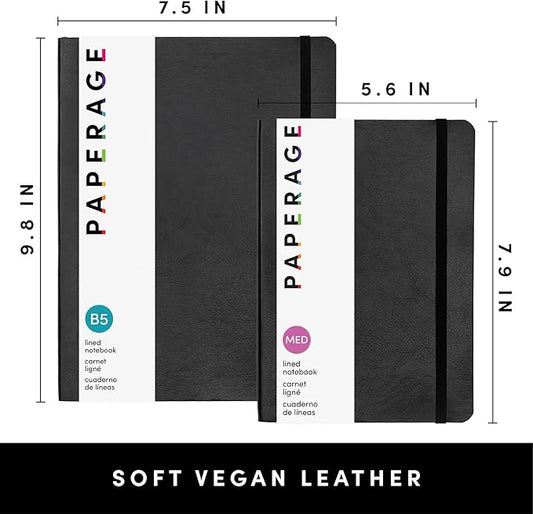 PAPERAGE Softcover Lined Journal Notebook (Black), 176 Pages, Large B5 College Ruled Notebook, 7.5 inches x 9.8 inches - 100 GSM Premium Paper, Soft Vegan Leather Journal for Home, Work & School