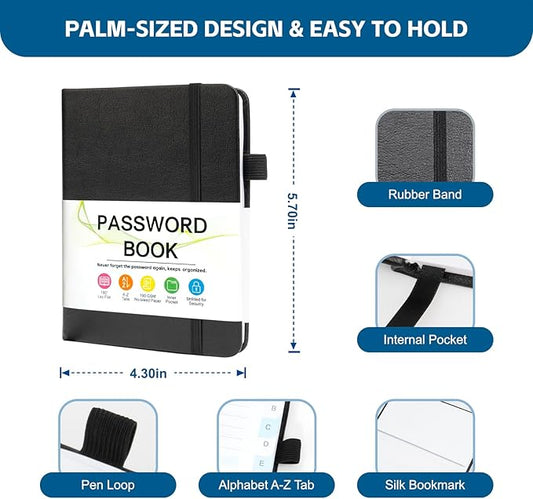 Password Keeper Book with Alphabetical Tabs,4.3"x5.7" Small Password Books for Seniors Password Notebook for Internet Website Address Log in Detail (Black)