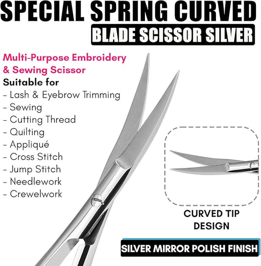 Cross Edge Curved Spring Scissors 5 Inch Stainless Steel Precision Eyebrow & Eyelash Shaping & Trimming Scissor, Snips Squeeze, Embroidery, Knitting Micro Tip Craft Scissors (Silver)
